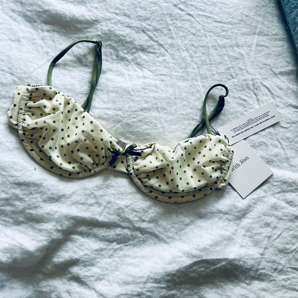 With Jean Cream and Green Polka Dot Bikini Top